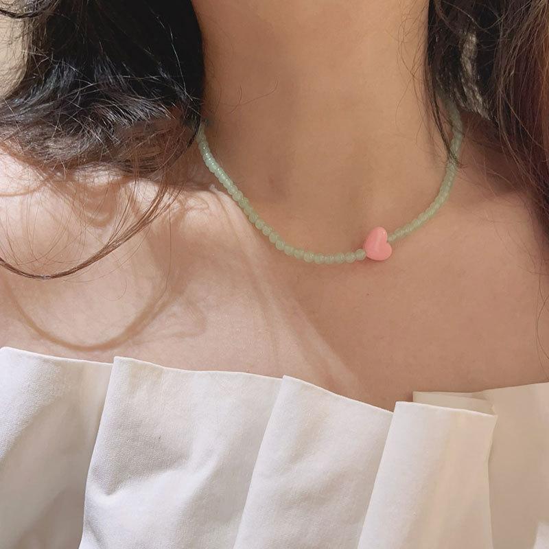 Macaron Ice Through Pink Green Natural Stone Beaded Love Necklace Female Personality Unique Temperament Versatile Neck Chain Collarbone Chain