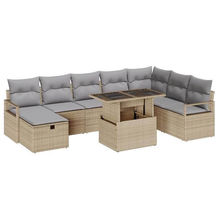 VidaXL Ensemble de canapé de jardin 9 pièces avec coussins Beige Rotin Poly 3359817