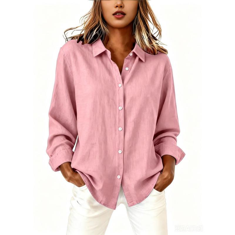 Women S Spring Summer Lapel Loose Long Sleeve Cotton Linen Shirt Casual Blouse