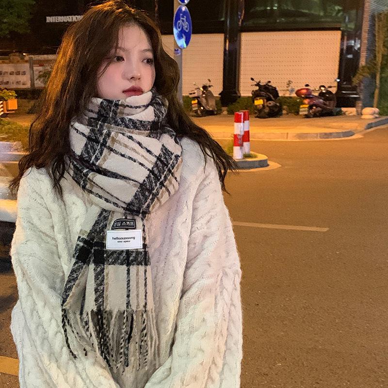 Retro Plaid Scarf for Girls Winter Ins Versatile Thickened Warm Long Shawl Dual Purpose Versatile Student Scarf