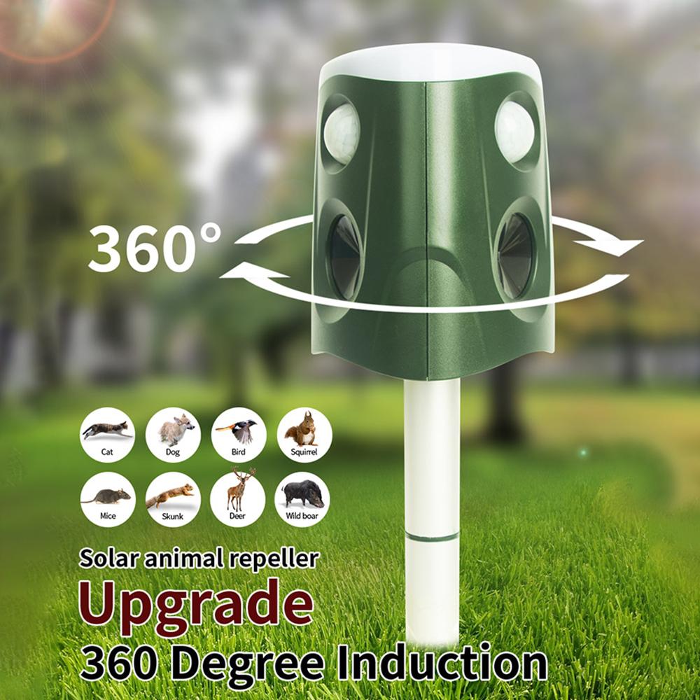 

Solar Mole Repellent Ultrasonic Outdoor Pest Bird Animal Repeller IP66 Waterproof 360 Degree PIR Sensor Auto Motion Detection with Flash LEDs