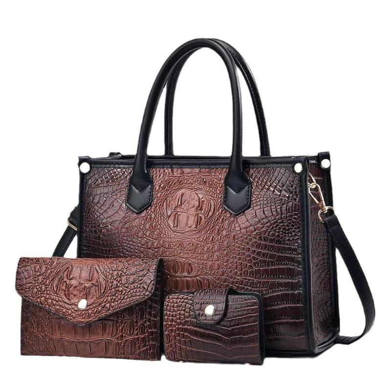Three Piece Set, Mother Bag, Shiny Leather, Crocodile Pattern, Korean Version, Simple New Style Bag, Crossbody Bag, Big Bag, Women's Handbag