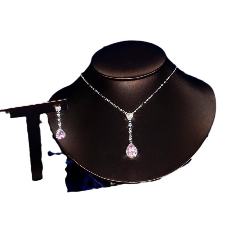 Earrings Set, Necklace, Female Imitation Pink Water Drop-Shaped Diamond Wind Water Drop-Shaped Jewelry Pendant.