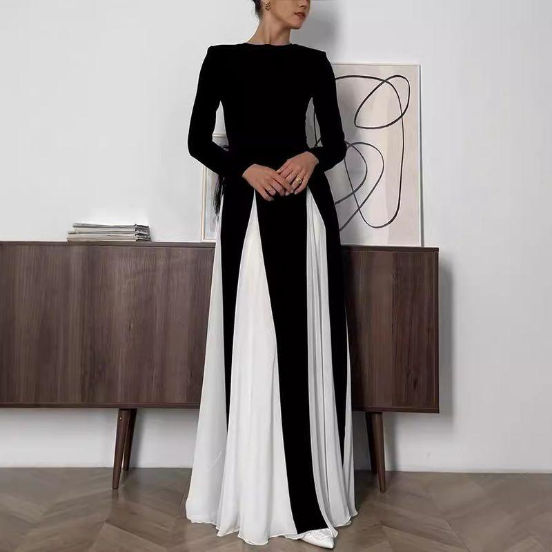 European and American Contrast Color Long Sleeve Women's Clothing Dress Casual Loose Party Long Dress Contrasting Dress