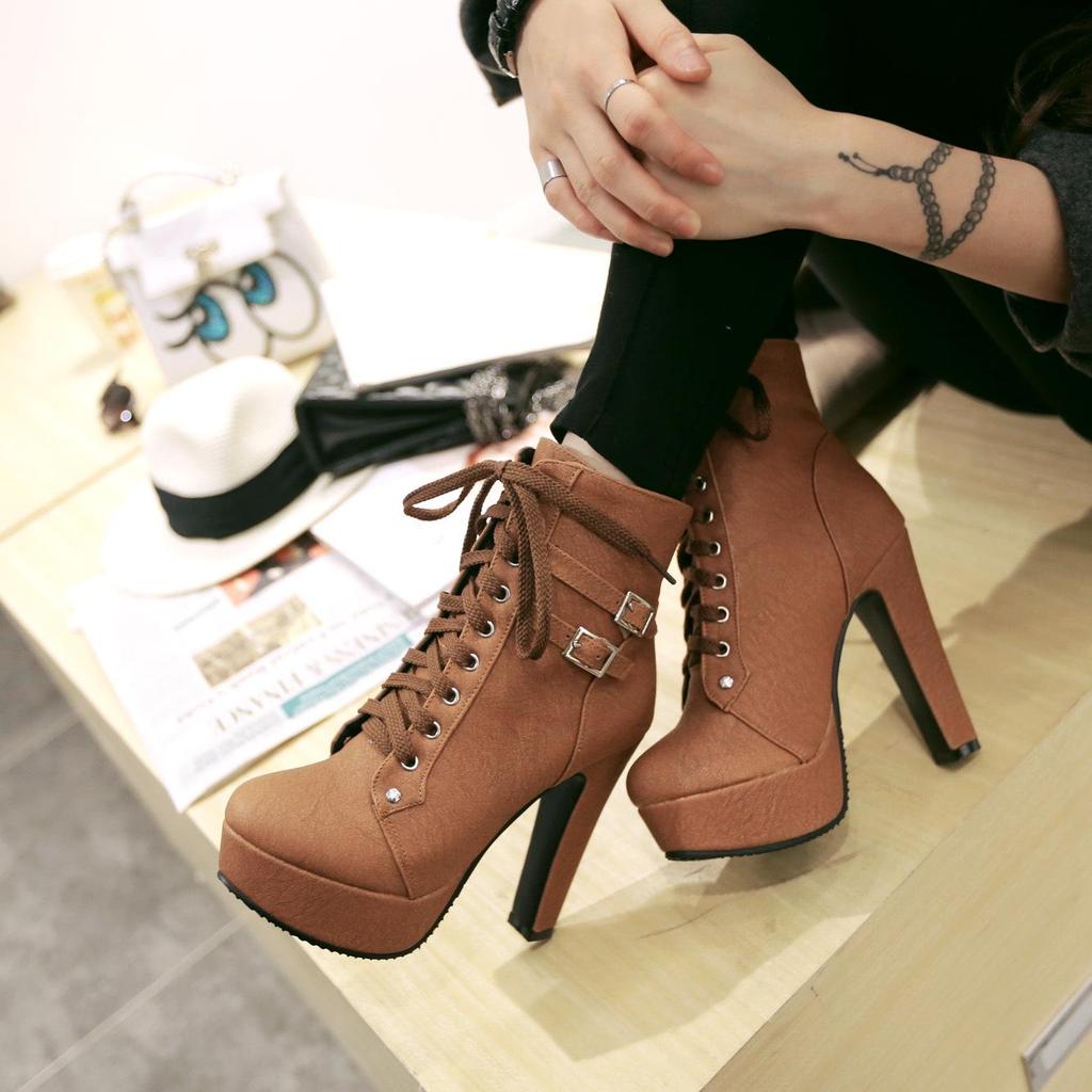 Women's Black Chunky Heel Platform Ankle Boots - Waterproof, Lace-Up, Buckle Detail, Plus Size Available.