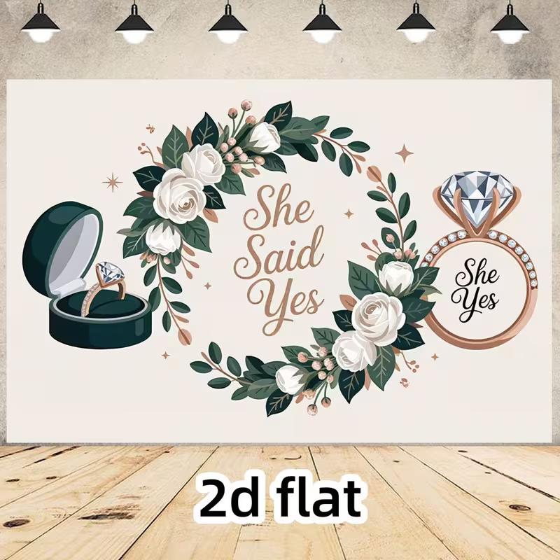 2D Elegant Engagement Photography Backdrop, She Said Yes Diamond Ring and Floral Wreath Background