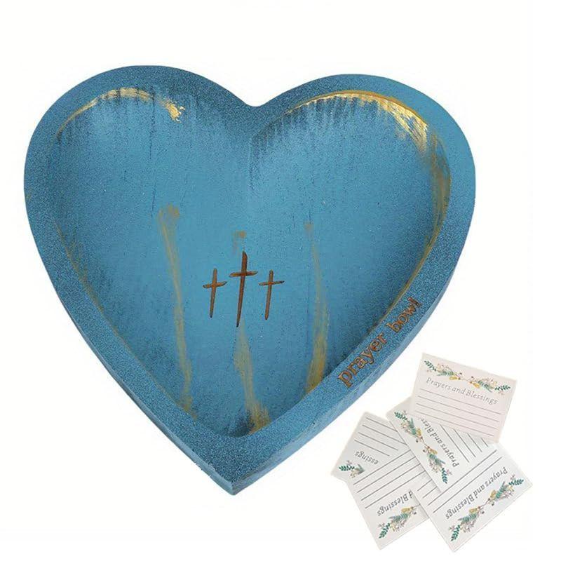 AEE4-Prayer Bowl Wooden Prayer Bowls With Prayer Cards Heart Decor Bowl Withcross Christian Gift Religious Gift For Women синий