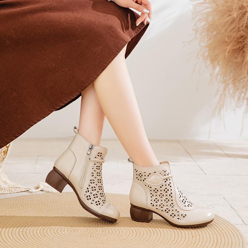 Summer new breathable hollow Martin cool boots casual first layer cowhide retro thick high-heeled mother hole shoes