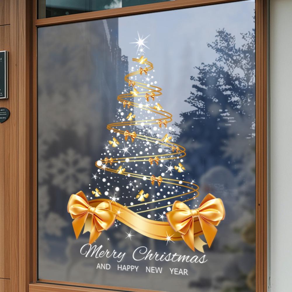 Star Bow Design Golden Christmas Tree Window Stickers Christmas Glass Door Stickers Store