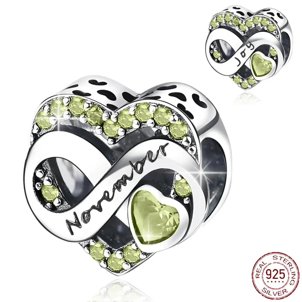 925  Silver January-December Birthday Stone Love Zircon Pendant Bead Fit Charms Necklace Bracelet Women Jewelry DIY Gift