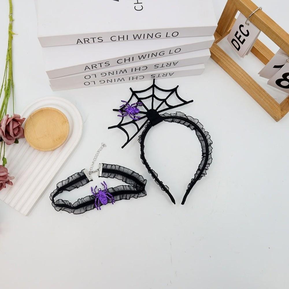 Ruffles Hairband Necklace Set Mesh Spider Web Hairband Funny Halloween Headband  Boys/Girls
