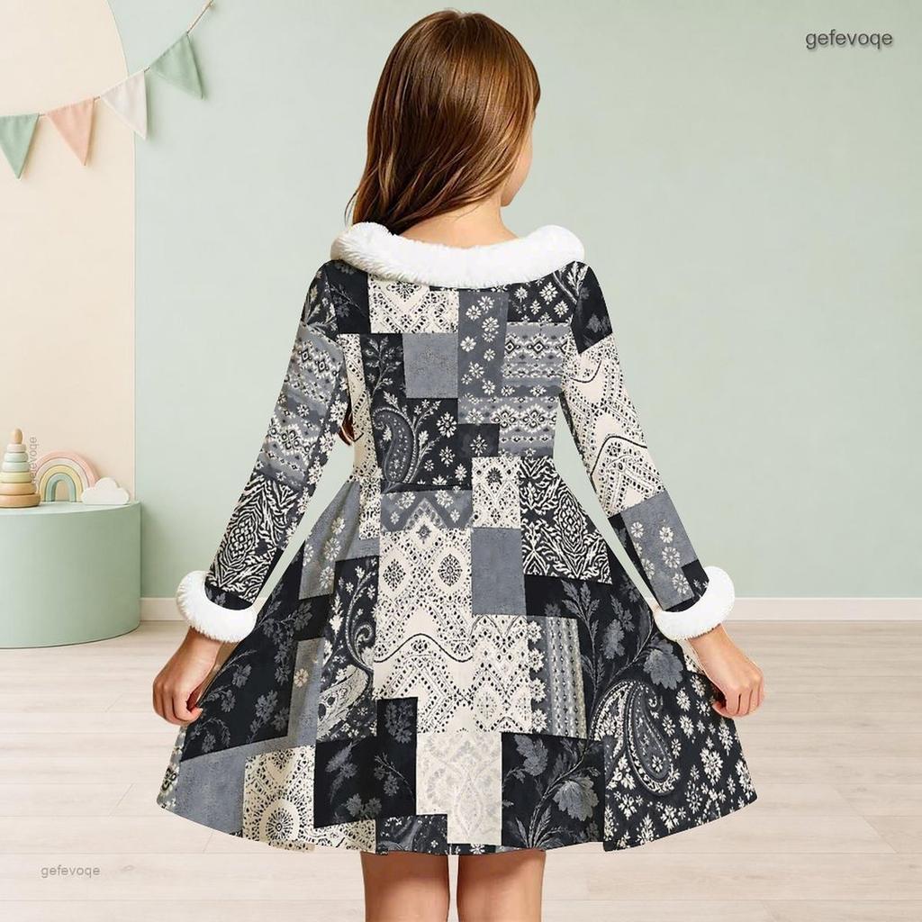 Meisjes Jurk met Hoge Hals, Lange Mouwen, Geprint Patchwork, A-lijn, Uitlopend, met Bontrand