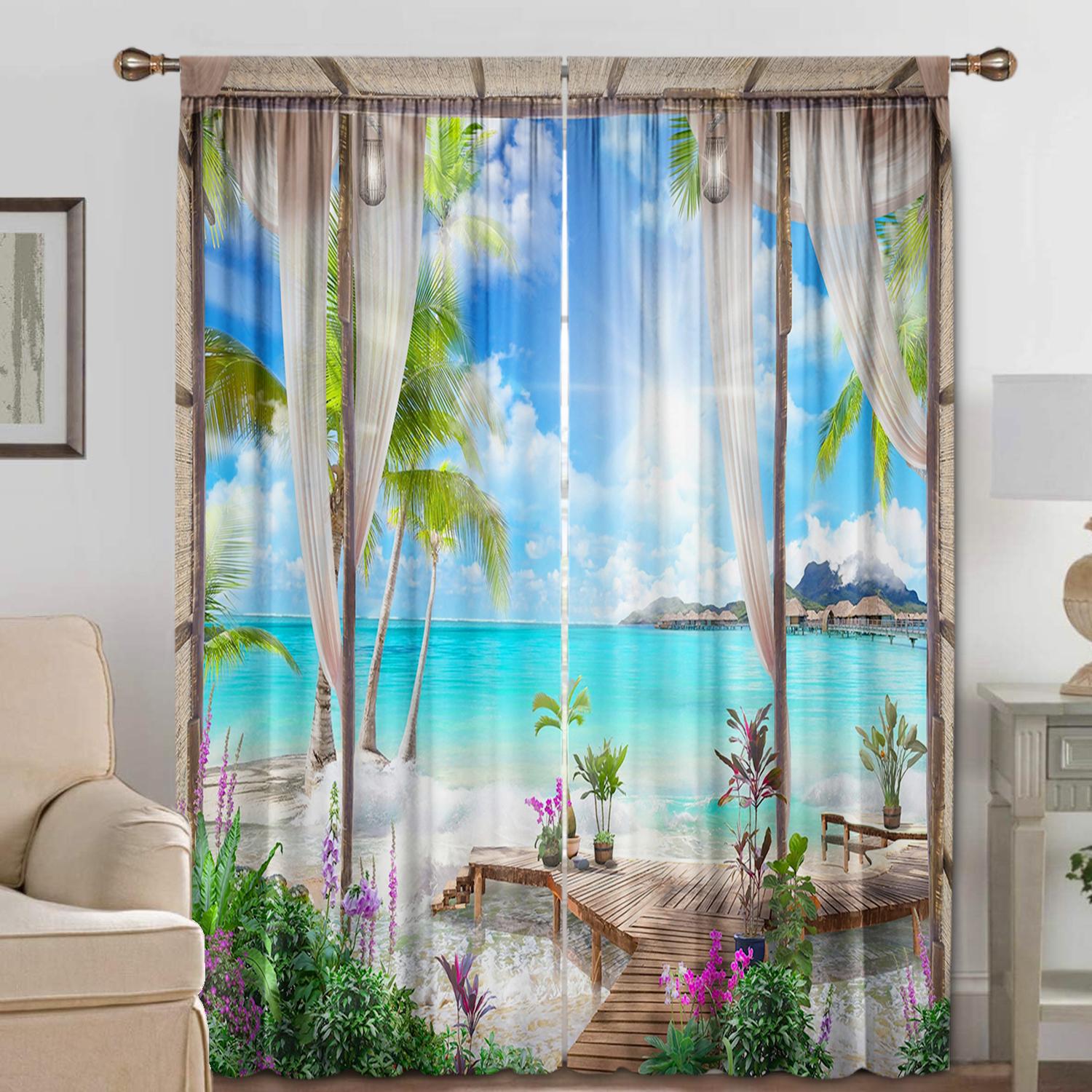 

2 шт. Шторы для украшения дома, красивый пейзаж с карнизными шторами, кухня, кофейня, гостиная, балкон, сад 75x166cm&Without mount