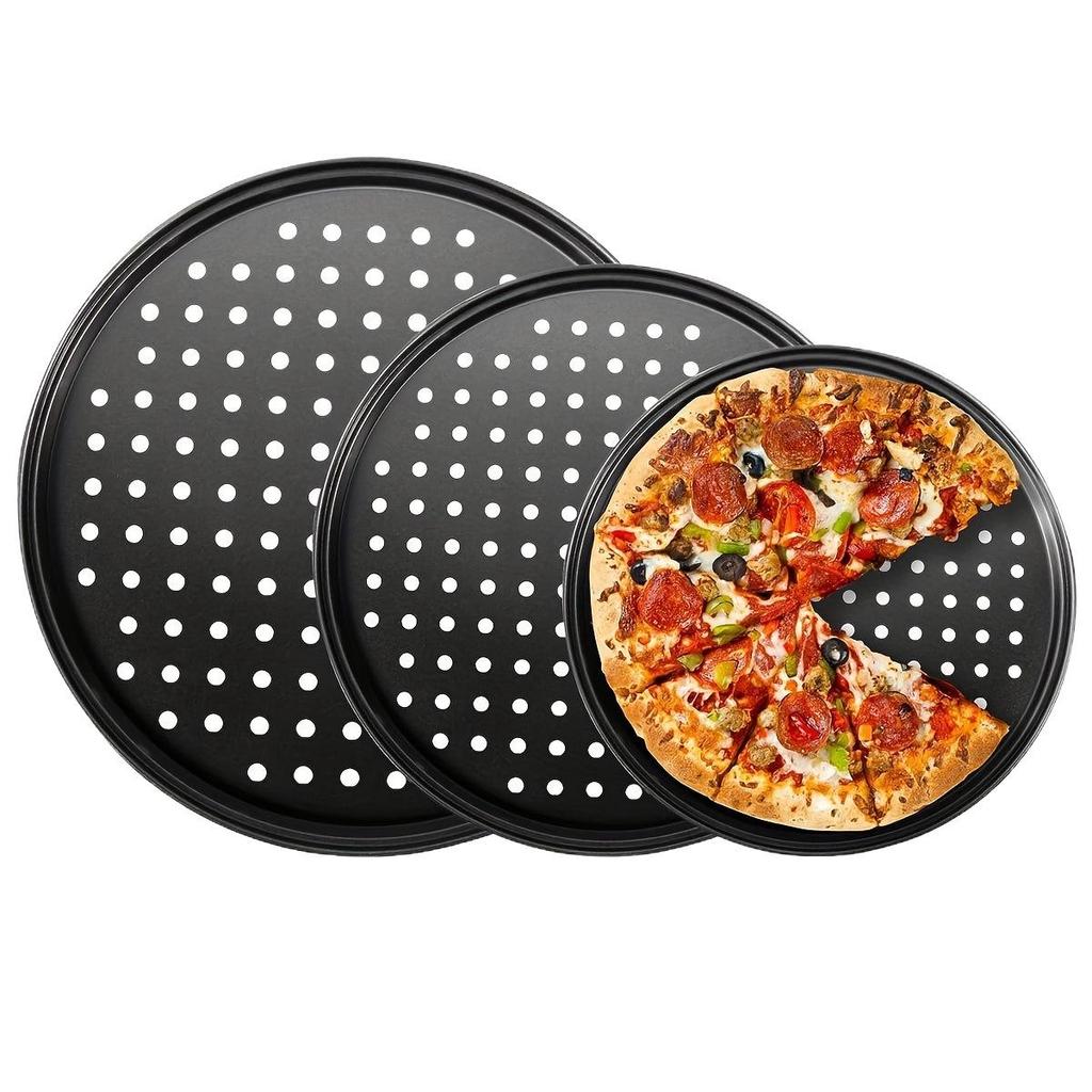 Non-Stick Perforated Carbon Steel Pizza Pan | Round Baking Tray with Holes for BBQ