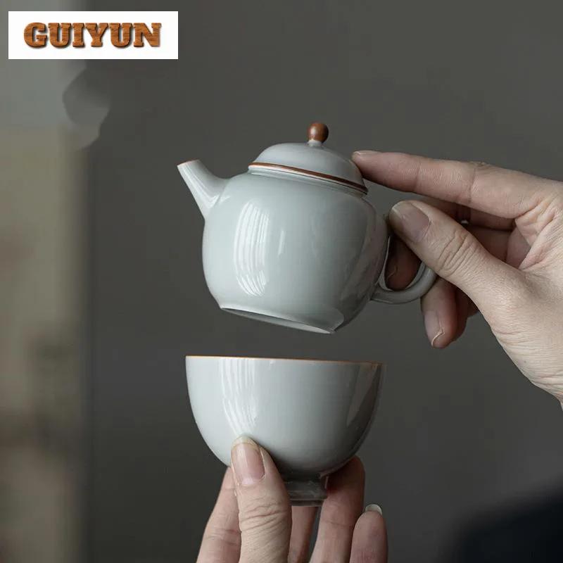 110ml Antique Azure Glazed Ceramic Teapot Handmade Small Pot Tea Brewing Kettle with Filter Tieguanyin Chinese Tea Set Craft