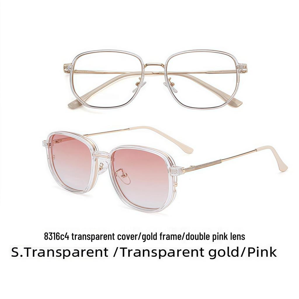 New Model Polarized Sunglasses Set: Magnetic Clip-On Round Frame with Pink & Green Lenses