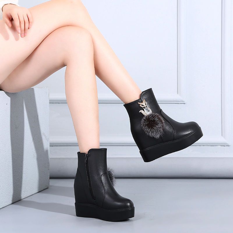 Inner Heightening Short Boots Women's Winter Leather Plus Velvet Thick-heeled Thick-soled Cotton Boots Women's Snow Boots High-top Shoes