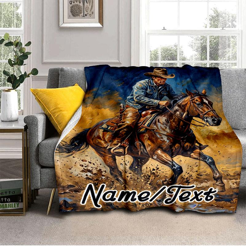 1PC Custom Name Rider Horse Adventure Flannel Blanket Versatile,all-season Throw Suitable for the Living Room,bedroom,camping,travel,and Gift