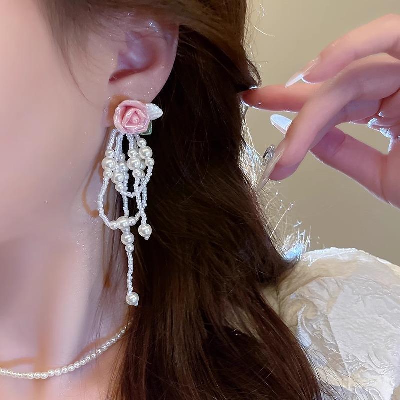 Silver needle court retro flower pearl bow fringed earrings elegant super fairy earrings suitable for summer