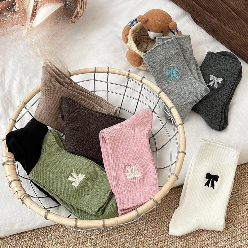 Bow Socks for Women, Autumn Style Cotton Socks, Retro Mid-calf Socks, Solid Color Women's Socks, Mid-calf Pile Socks