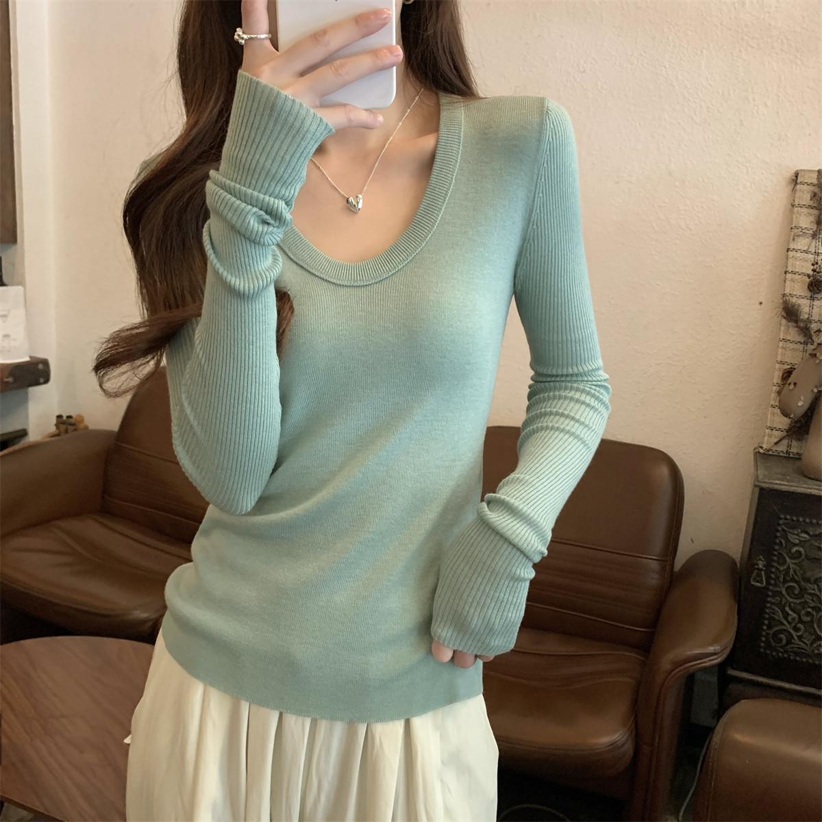 

Coffee retro knitted sweater goose egg collar long-sleeved top spring slim-fit Spice Girl premium bottoming shirt L зелений