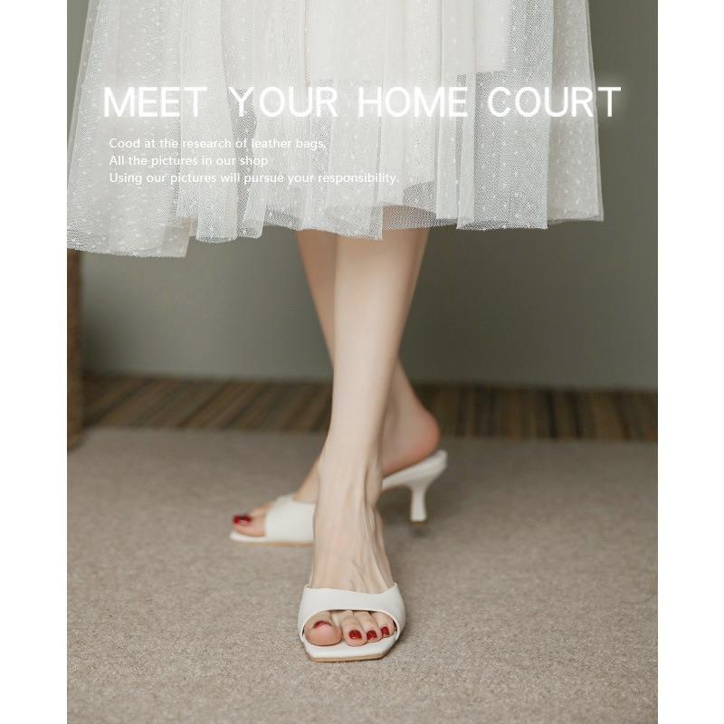 Leather stiletto high heels for women, summer fashion cowhide round head high-heeled slippers