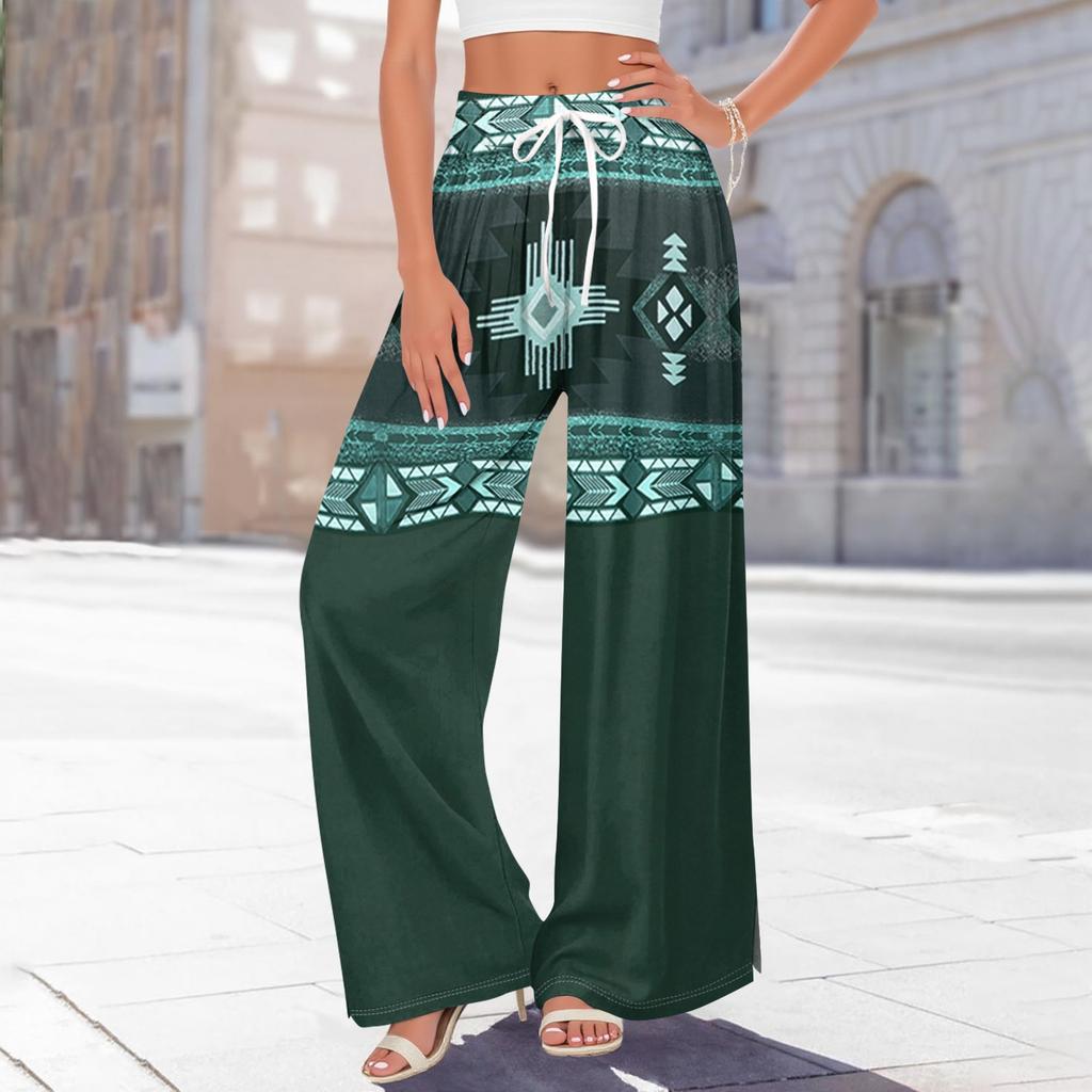Damen Bedruckte Weitbeinige Hosen mit Taschen Hohe Taille Kordelzug Lockere Freizeit-Hosen