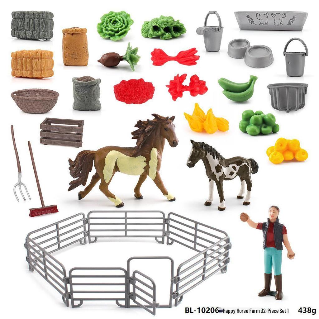 Cross-Border Children's Horse Farm Playset with Pinto Horse, Worker, Fence, Tools, Haystack, and Scene Decoration