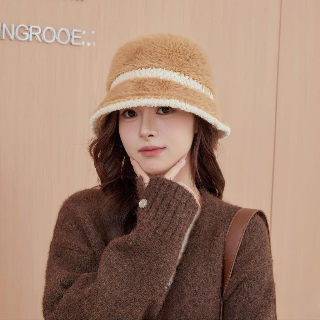 New Plush Fisherman Hat for Women's Fashionable Basin Hat Korean Style Fashionable Temperament Versatile Face Showing Small Warm Bucket Hat