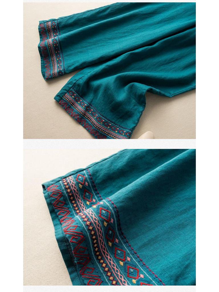 2024 Spring Summer Women's Cotton Linen Embroidered Wide-Leg High-Waist Casual Pants