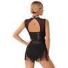 Frauen Pailletten Latin Jazz Dance Kostüm Ärmelloses Ausschnitt Zurück Flowy Quaste Kleid Trikot Ballett Dancewear