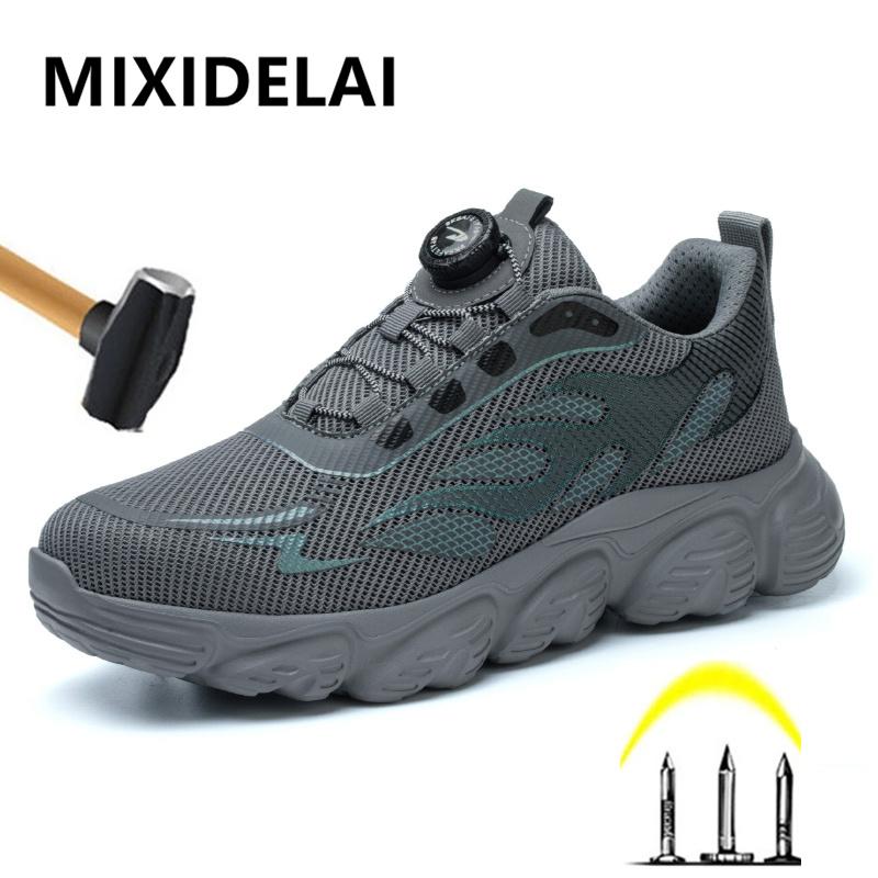 Reflective Safety Shoes Men Fashion Protective Sneakers Steel Toe Shoes Rotating Button Work Boots Men Puncture-Proof Male Shoes