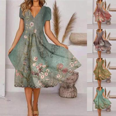 Women's Summer Casual Fashion Retro Print Short Sleeve V-Neck Swing Dress