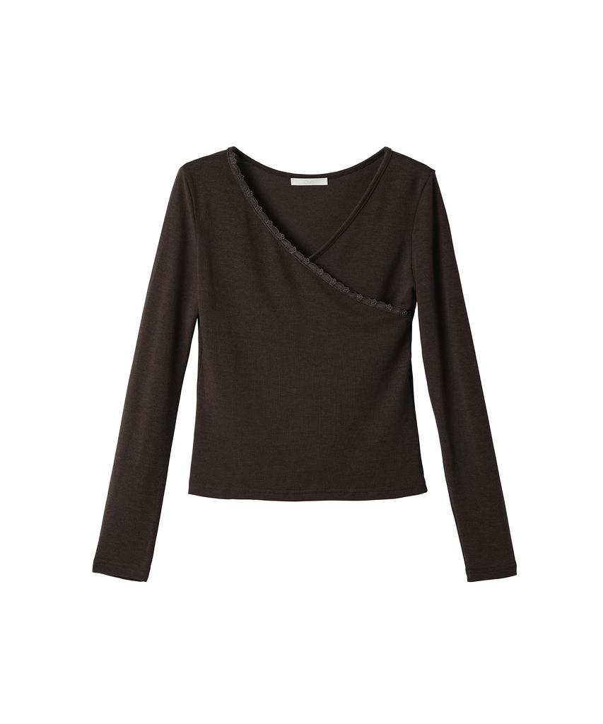 OUEL Lace Trim Jersey Top_Brown