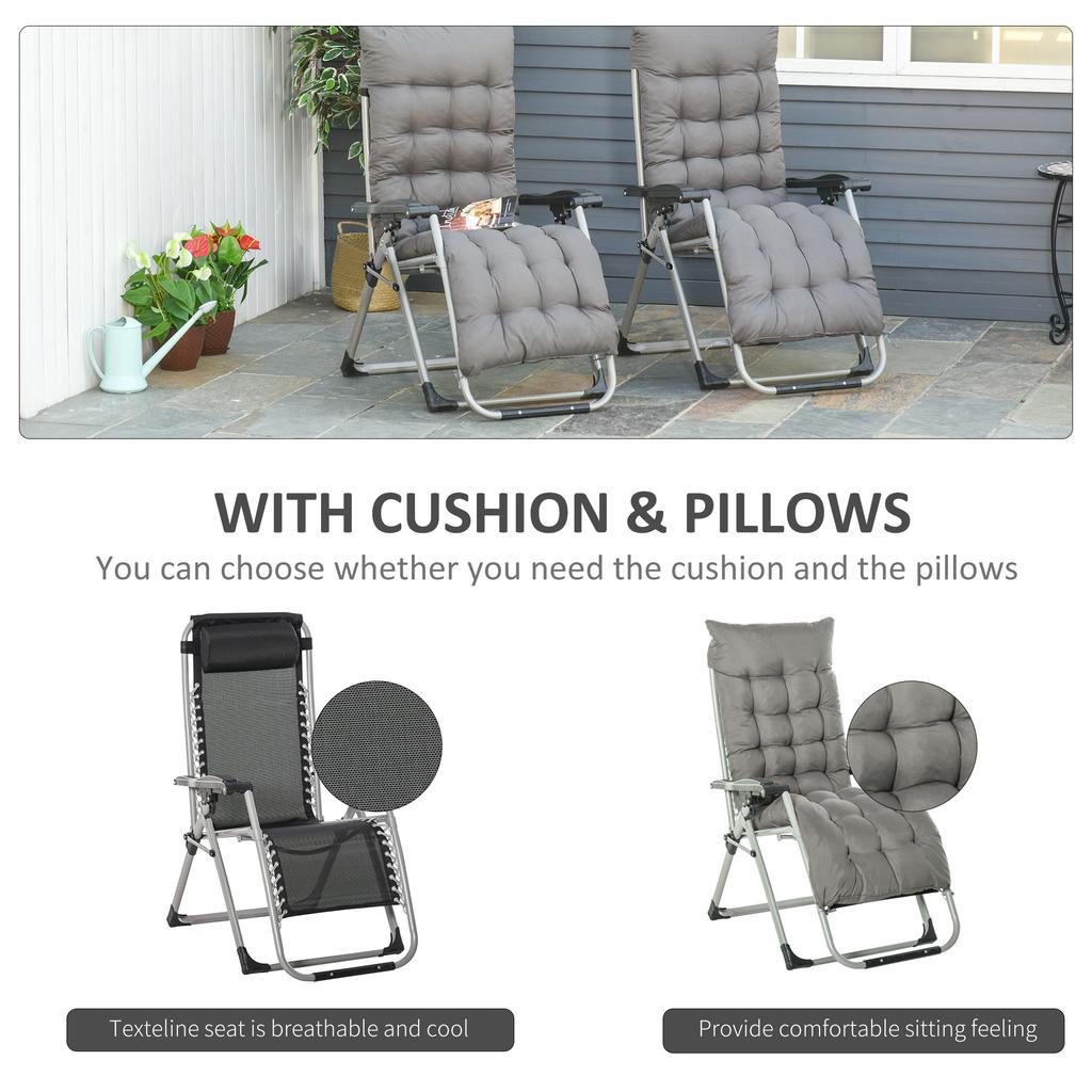 2 Piece Reclining Zero Gravity Sun Loungers with Cushions, Dark Grey