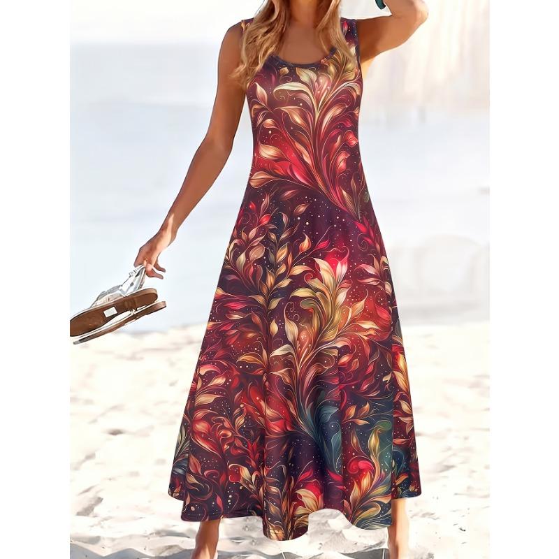 Dresses for Woman Vest Dress Beach Holiday Round Neck Sleeveless A-Line Long Skirt Starry Iridescent Floral Gradient Print