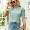 Ladies Summer Button Short Sleeve O Neck Solid Color Hollow Breathable Pullover T Shirt Top