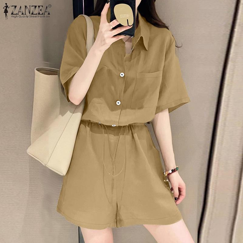 ZANZEA Women Summer Turn Down Collar Short Sleeve Drawstring Jumpsuits Overalls