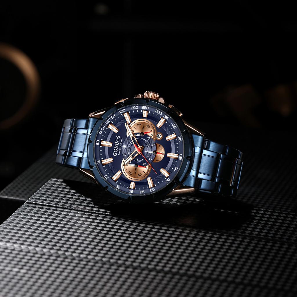 Gohuos 6003 Casual Sport Chronograph Men's Watches Stainless Steel Band Wristwatch Big Dial Quartz Clock with Luminous Pointers