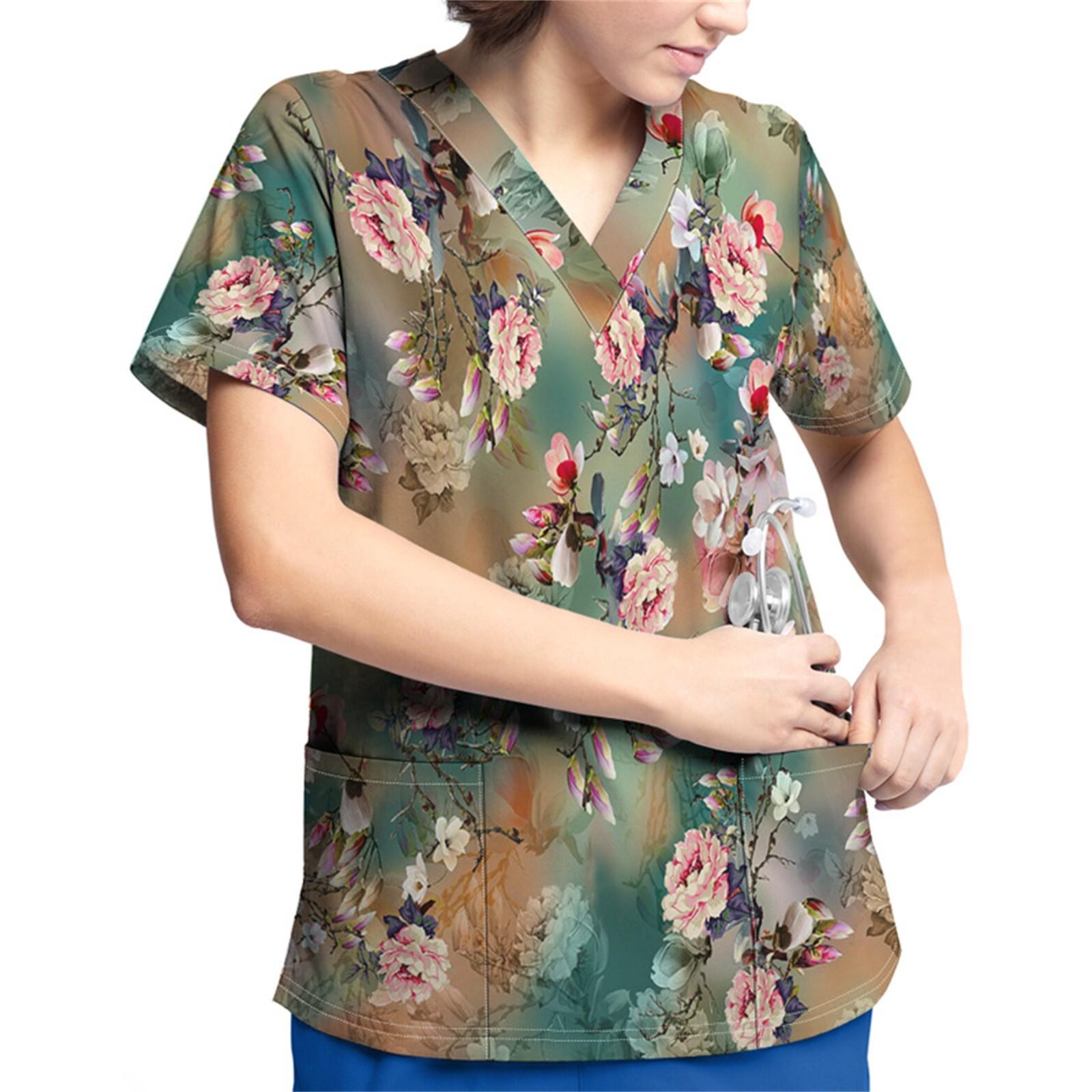 

Рабочая форма больших размеров с принтом, топы для женщин, футболки с v-образным вырезом и короткими рукавами, рабочая одежда, футболка с карманами XXL зелёный