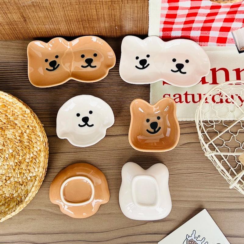 Adorable Ceramic Sauce Dish with Cute Dog & Bear Design - Single/Double Compartment Dip Bowl for Condiments, Snacks, Sushi, Soy