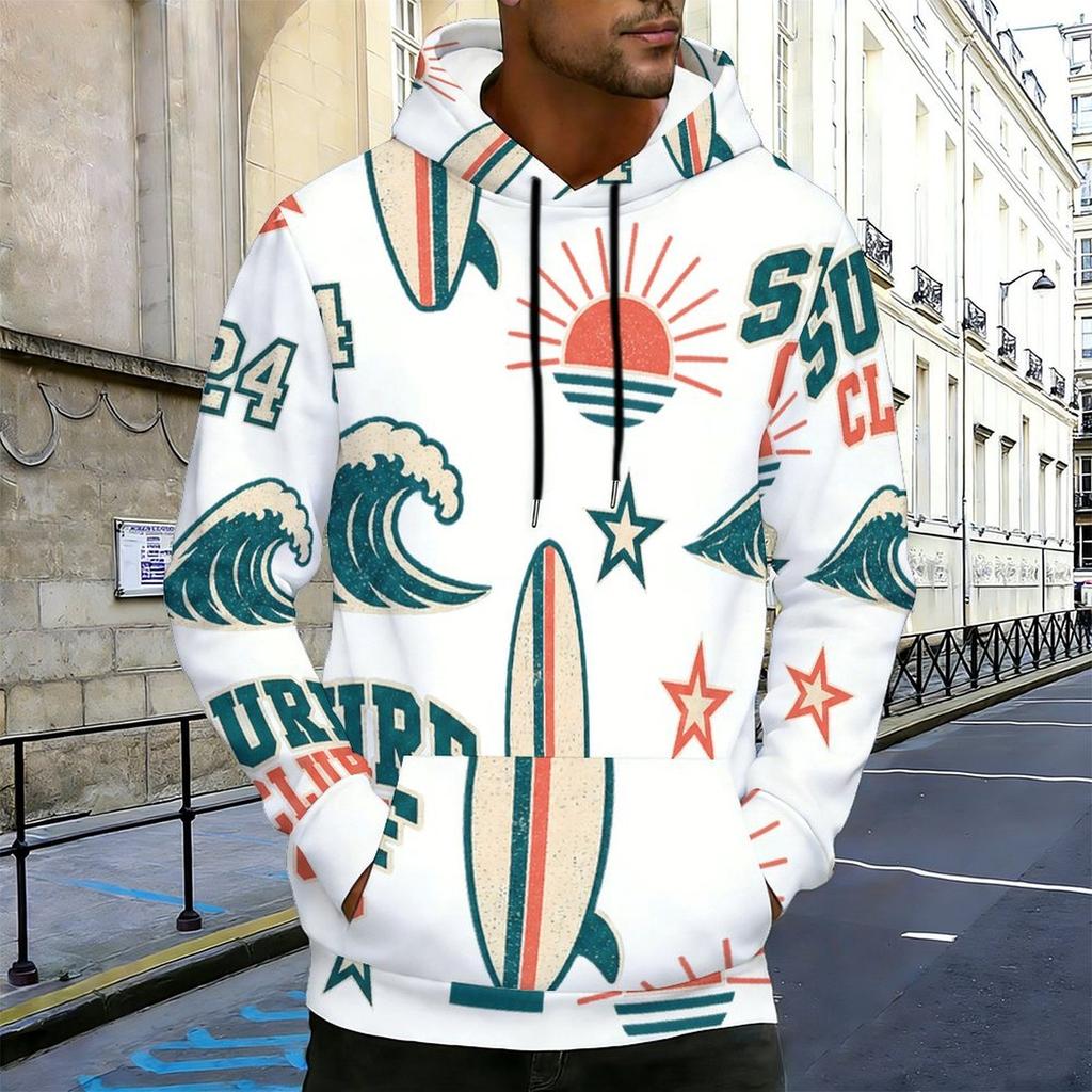 Herren Plus Size Weißer Lacrosse-Print Langarm Kapuzenpullover mit Kordelzug Kängurutasche Pullover