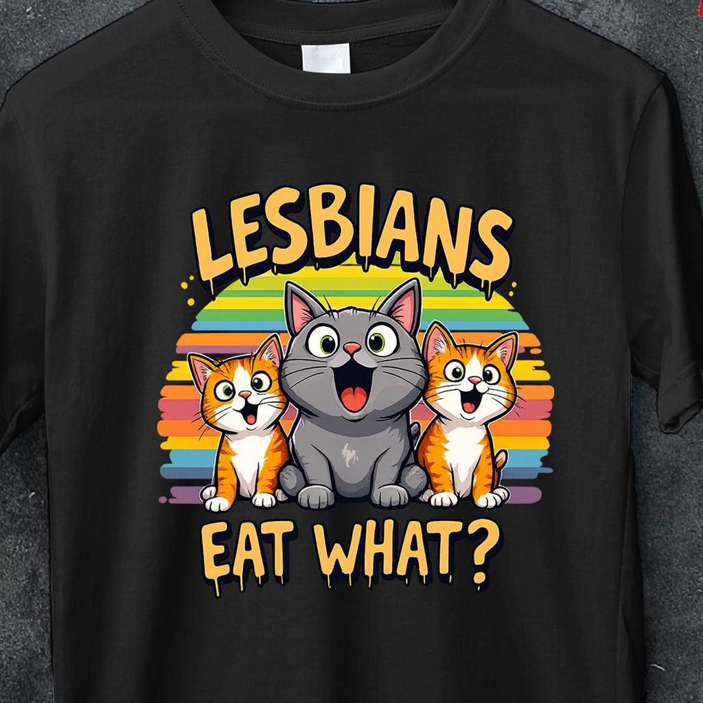 Le lesbiche mangiano cosa?, T-shirt da donna o unisex Gatto, Orgoglio Gay, regali pride prejudice, maglietta lesbica, magliette sporche per adulti, regalo gay gatto
