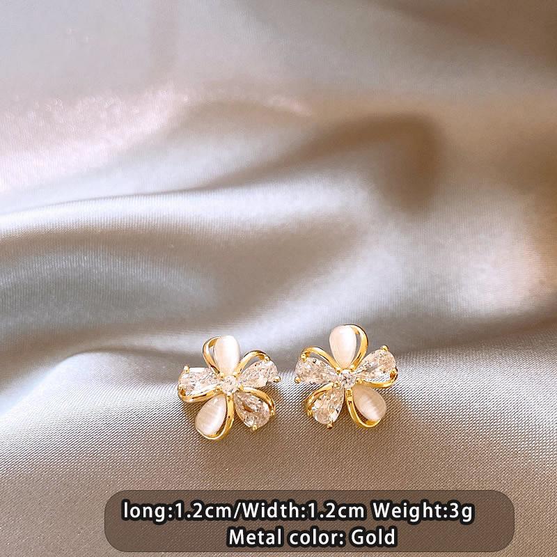 

18K Gold Plated Cat s Eye Stone Zircon Flower Earrings Fresh Design 2026 New Style Jewelry Accessories Sweet For Girl s Studs