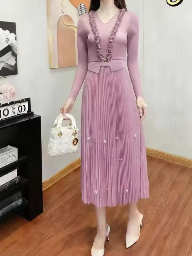 Miyake Light Luxe Plus Size Beaded Ruffle Dress - Elegant European & American Style, Slimming & Flattering Long Dress