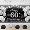 Happy 60th Anniversary Banner Decor Black Silver – Glitter Love Heart Happy 60 Years Wedding Anniversary Party Backdrop Theme Decorations for Women
