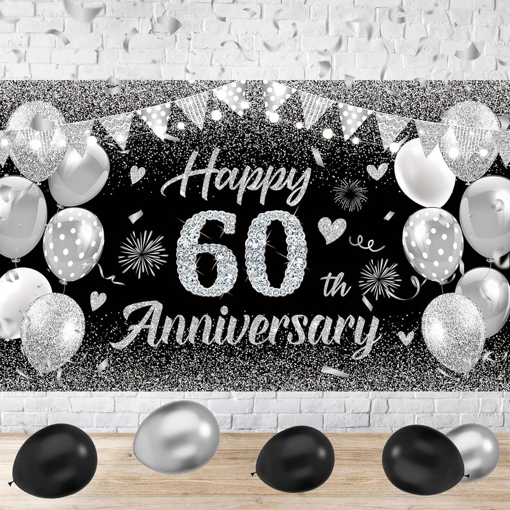 Happy 60th Anniversary Banner Decor Black Silver – Glitter Love Heart Happy 60 Years Wedding Anniversary Party Backdrop Theme Decorations for Women