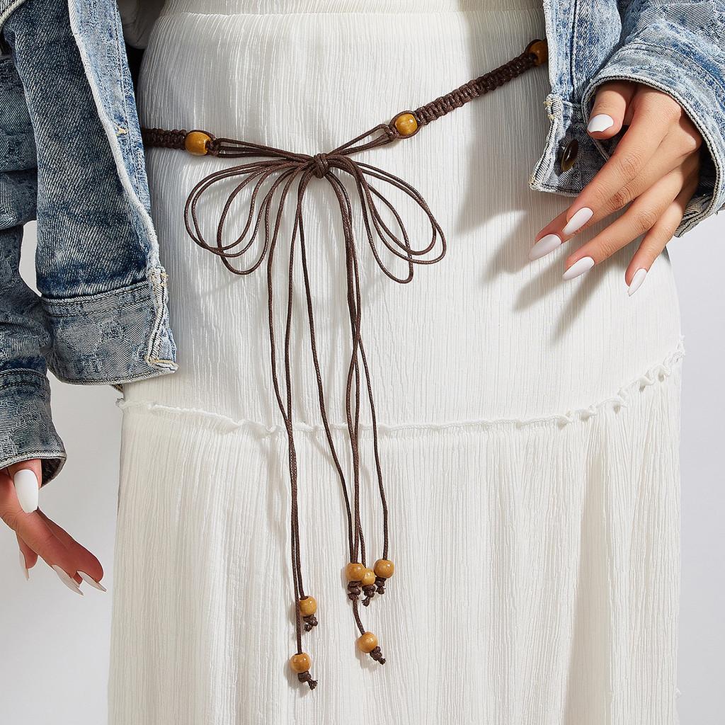 Inspired Cotton Ethnic Womens Belt Wooden Bead Pendant Fashion Waist Rope