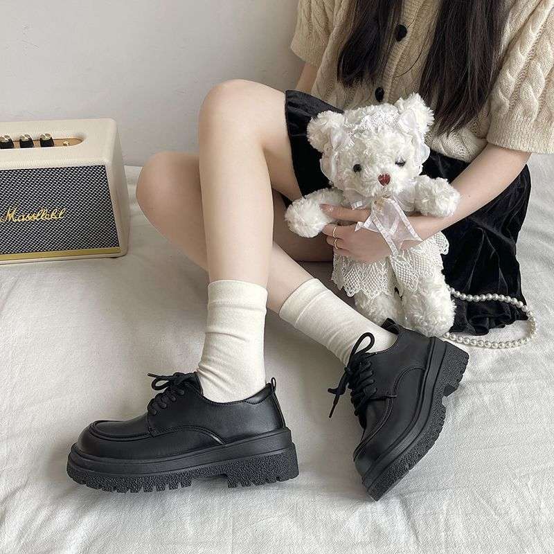 

Student platform small leather shoes women s 2025 new lace-up heightening British style one-pedal single shoes British style small leather shoes 35 чёрный