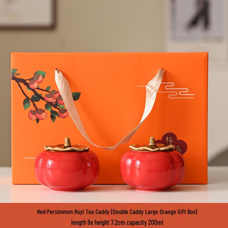 Charming Persimmon Ruyi Ceramic Tea Box & Mini Candy Jar Gift Set